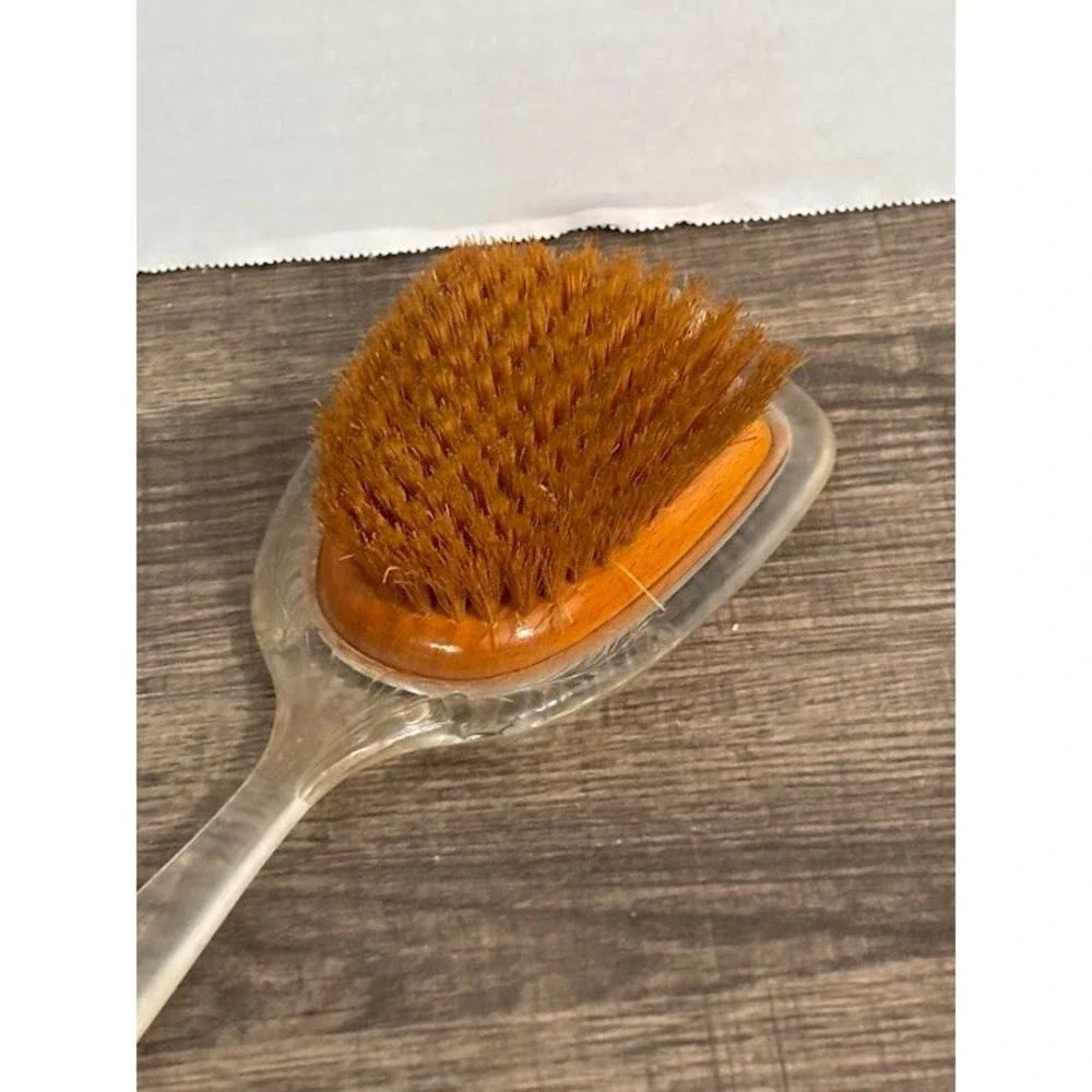 Vintage Lucite Hair Brush Etched Swan Design Clear Plastic Made in USA 10.5 Inch